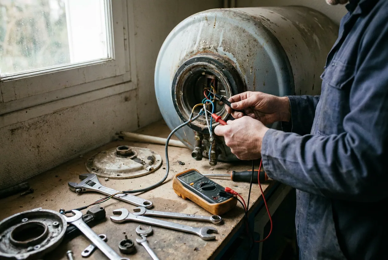 Plombier diagnostiquant un chauffe-eau électrique en panne à Viroflay
