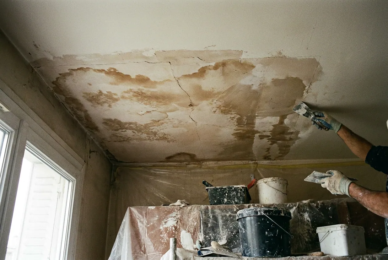 Plafond taché par un dégât des eaux dans un appartement en copropriété à Meudon